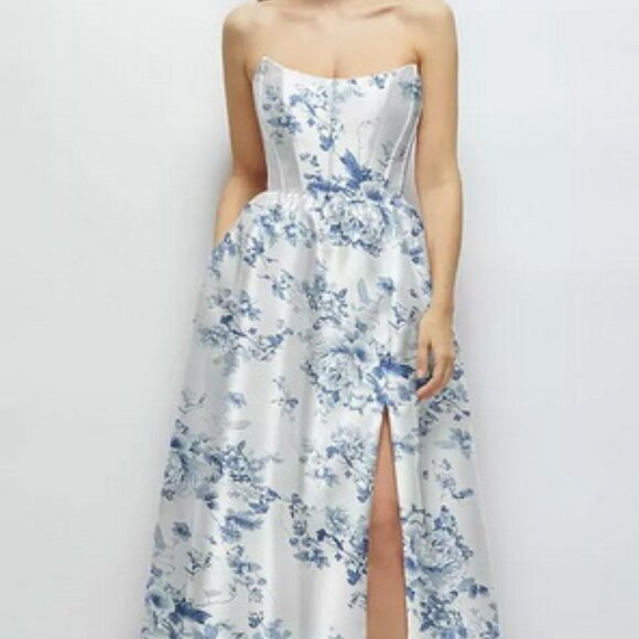 Alfred Sung Cottage Rose Floral Strapless Bustier Satin Gown 3152FP - Picture 1 of 6